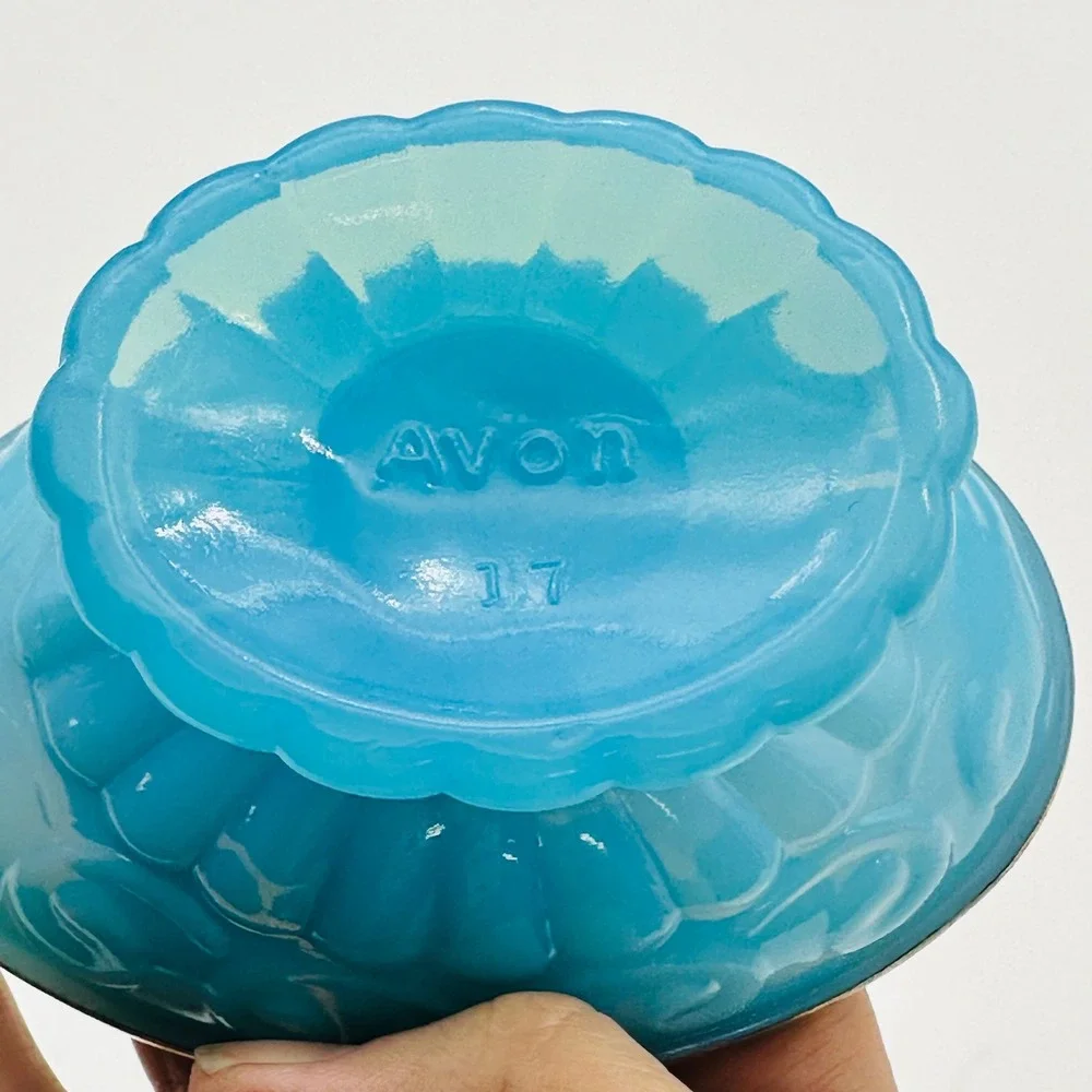 Vintage Avon Blue Milk Glass Pedestal Trinket Dish Soap Gold Rim Scroll Pattern